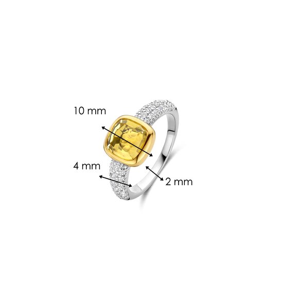 Ti Sento Milano TI SENTO MILANO 12331DY Zilver gerhodineerde ring, gele vierkante zirconia in vergulde kast met pavé zirconia scheen