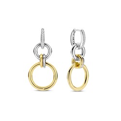 TI SENTO MILANO 78018ZY Zilver gerhodidneerde ovale klapcreolen met zirconia's en zilver + vergulde dubbele ronde oorbedels