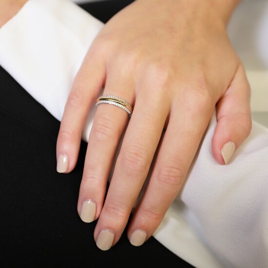 Ti Sento Milano TI SENTO MILANO 12144ZY Zilver gerhodineerde ring, 3-baans (glad vergulde middenbaan en zij zirconia's), maat 54