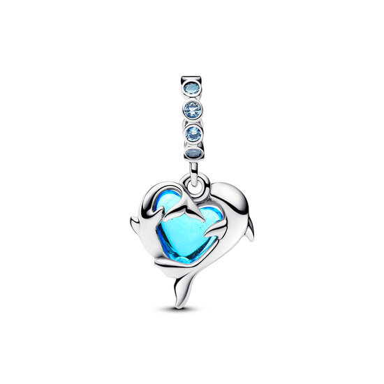 Pandora PANDORA 793924C01 Dolphins sterling silver dangle with aqua blue Murano glass and icy blue crystal