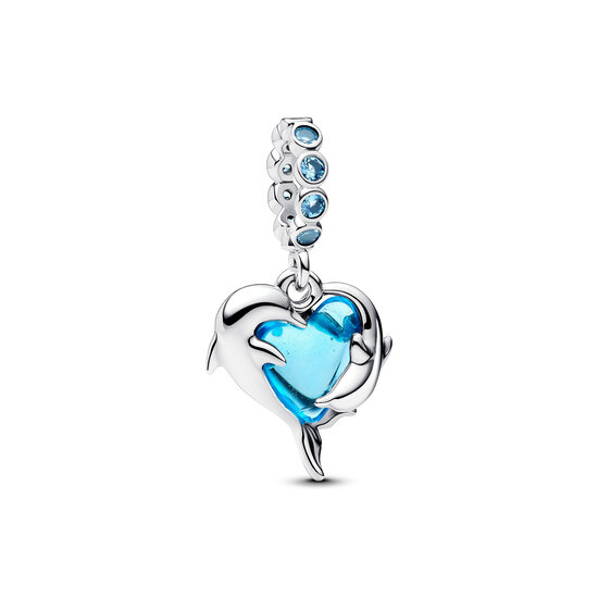 Pandora PANDORA 793924C01 Dolphins sterling silver dangle with aqua blue Murano glass and icy blue crystal