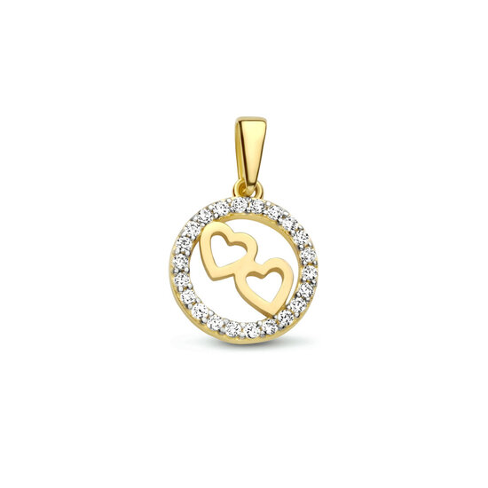 Collectie Milikan Collectie Milikan 14 karaat geelgouden hanger rond/zirconia met 2 hartjes