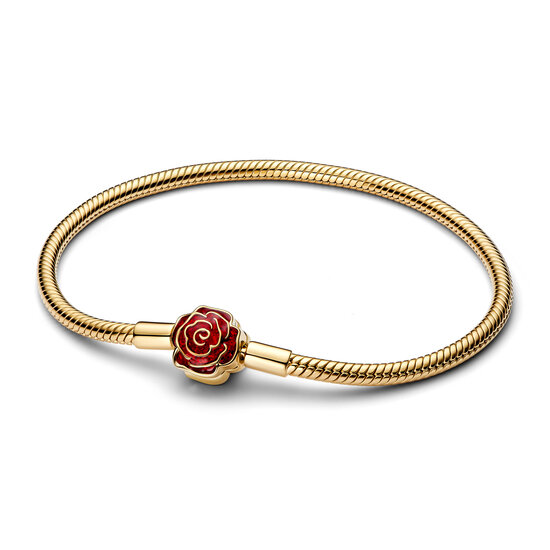 Pandora PANDORA DISNEY 564019C01 Beauty and The Beast snake chain 14k gold-plated bracelet with rose clasp and holo glittery red enamel