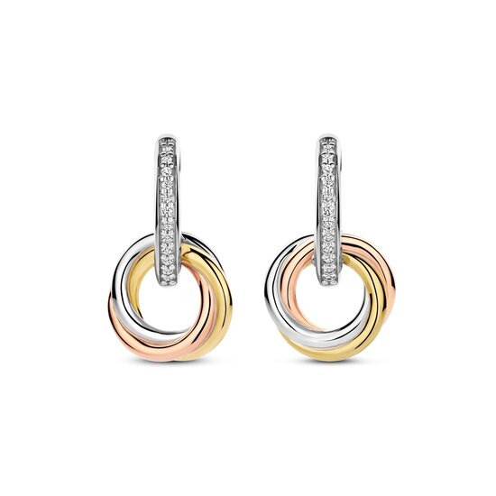 Ti Sento Milano TI SENTO MILANO 7857ZT Zilver gerhodineerde ovale klapcreolen met zirconia's en tri-color hangers, 3 ringen in elkaar