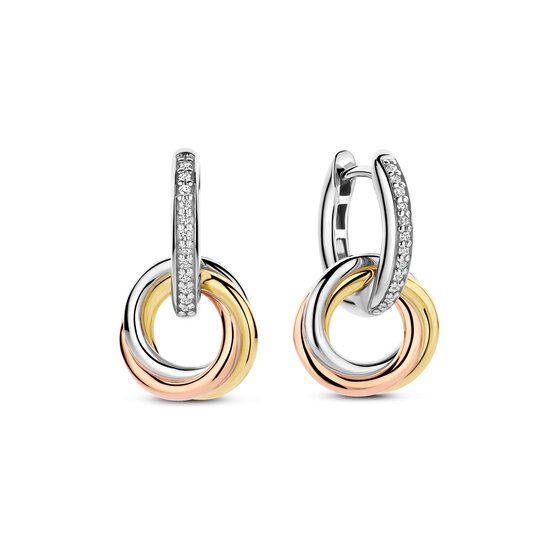 Ti Sento Milano TI SENTO MILANO 7857ZT Zilver gerhodineerde ovale klapcreolen met zirconia's en tri-color hangers, 3 ringen in elkaar