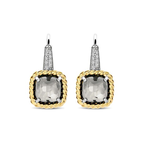 Ti Sento Milano TI SENTO MILANO 78042GG Zilver gerhodineerde oorhaken met sluiting, grijze vierkante zirconia in vergulde rand, en zirconia's