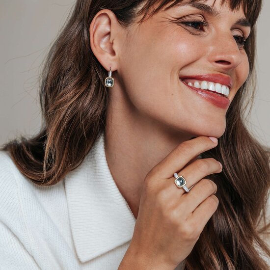 Ti Sento Milano TI SENTO MILANO 78042GG Zilver gerhodineerde oorhaken met sluiting, grijze vierkante zirconia in vergulde rand, en zirconia's