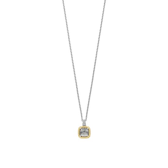 Ti Sento Milano TI SENTO MILANO 34111GG/42 Zilver gerhodineerd collier met hangertje, grijze vierkante zirconia 8 mm in vergulde gedraaide rand, oog pavé zirconia's