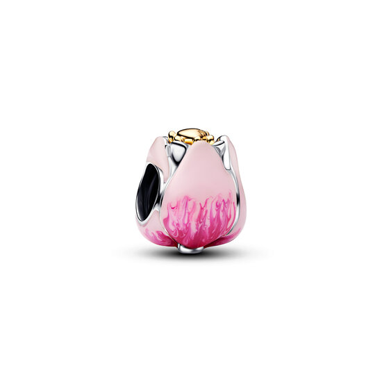 Pandora PANDORA 764352C01 Tulip sterling silver and 14k gold-plated charm with royal green crystal and shaded pink enamel