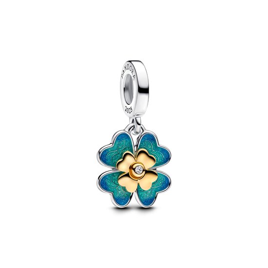 Pandora PANDORA 763624C01 Spinnable clover sterling silver dangle with 14k gold-plated and 0.01ct lab-grown diamond and blue enamel