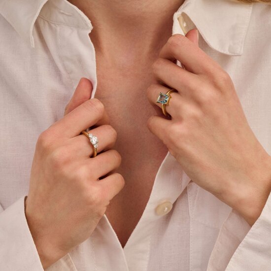 Ti Sento Milano TI SENTO MILANO 12420TY Zilver gerhodineerde ring met verguld en blauwe rechthoekige zirconia