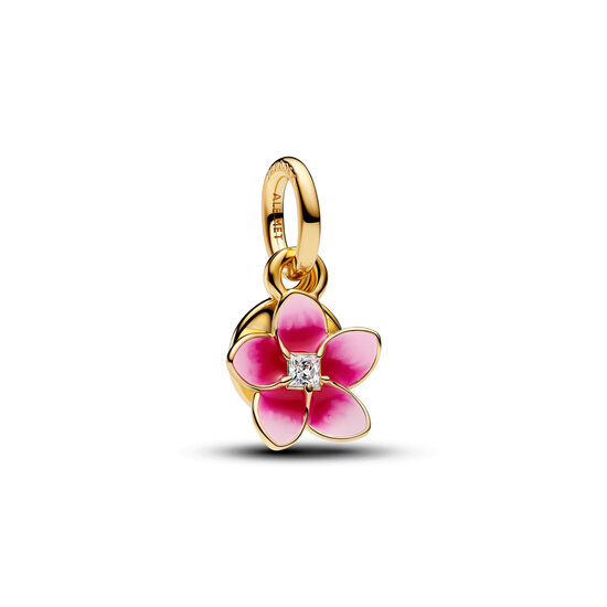 Pandora PANDORA DISNEY 763845C01 Moana pink plumeria 14k gold-plated double dangle with zirconia and shaded pink enamel