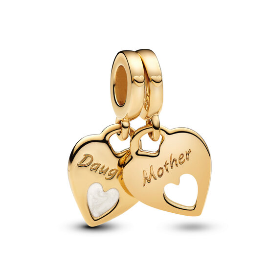 Pandora PANDORA SHINE 769187C01 Mother and daughter hearts 14k gold-plated split dangle with shimmering white enamel