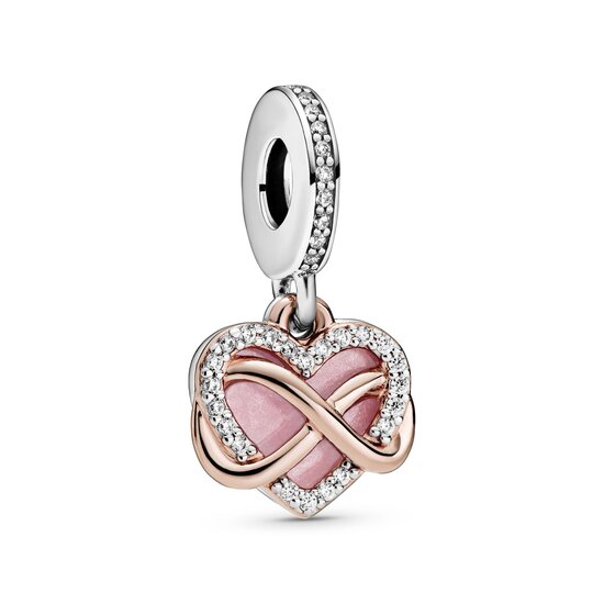 Pandora PANDORA 788878C01 Infinity heart 14k rose gold-plated and sterling silver dangle with zirconia and pink enamel, Family Forever and Always