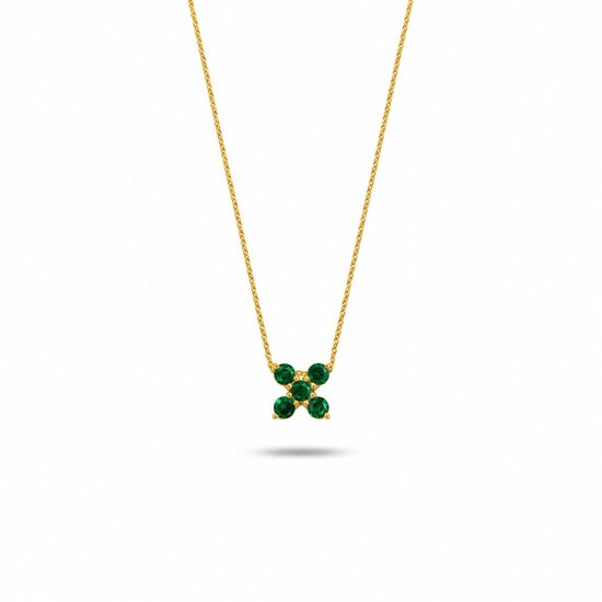 by R&C R&C Romance 18krt geelgouden collier Cross, model 1244-KL gezet met 5x groene saffier rond 3.4 mm , 41-45 cm