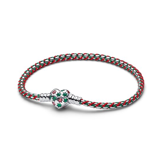 Pandora PANDORA 595068C01 Braided sterling silver box chain bracelet with red zirconia, royal green crystal and red and green cord