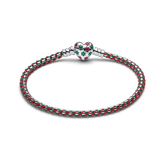 Pandora PANDORA 595068C01 Braided sterling silver box chain bracelet with red zirconia, royal green crystal and red and green cord
