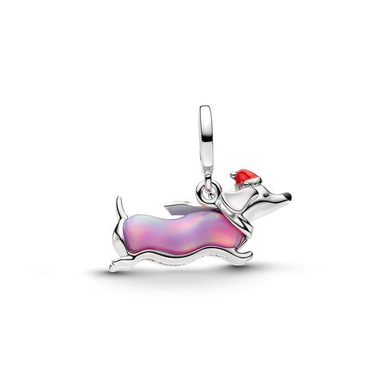 Pandora PANDORA 734970C01 Christmas dachshund platinum-plated dangle with purple lab-created opal, red and black enamel