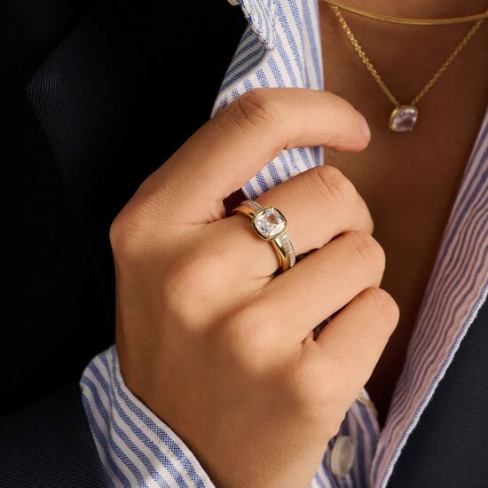 Ti Sento Milano TI SENTO MILANO  12451ZY Zilver gerhodineerde ring, met verguld, 1 baan verguld,1 baan zirkonia, midden steen randje verguld
