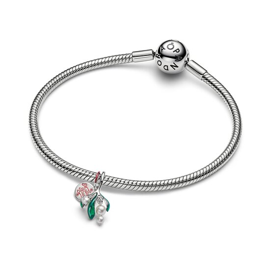 Pandora PANDORA 735066C01 Mistletoe platinum-plated double dangle with lacquered artificial pearls, red and green enamel