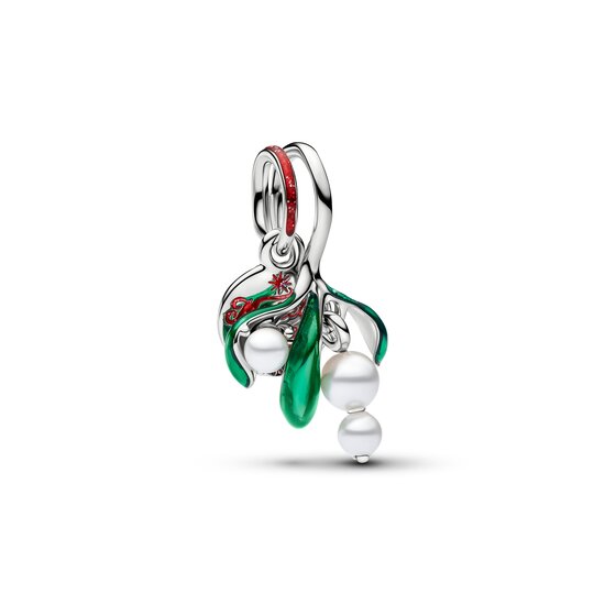 Pandora PANDORA 735066C01 Mistletoe platinum-plated double dangle with lacquered artificial pearls, red and green enamel