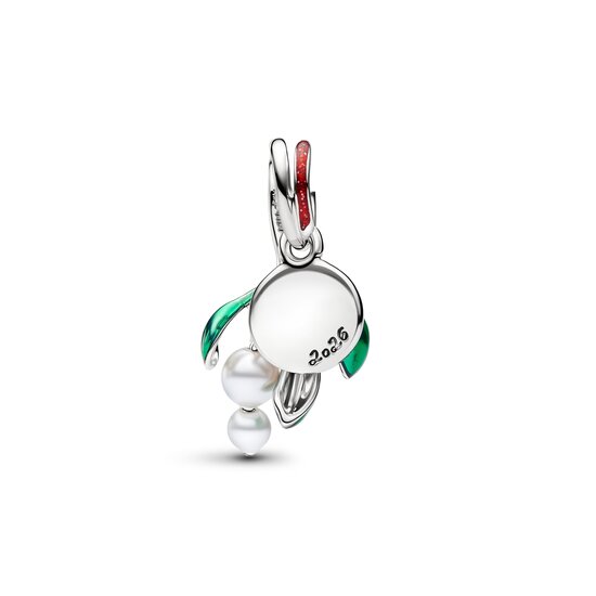 Pandora PANDORA 735066C01 Mistletoe platinum-plated double dangle with lacquered artificial pearls, red and green enamel