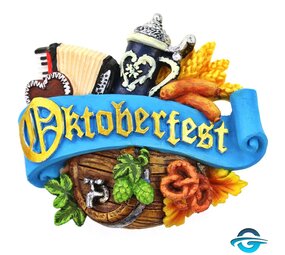 Creation Gross Oktoberfest Schmankerl mit Schriftzug in Gold - Blau - 3D Magnet - 5,5 x 8 cm
