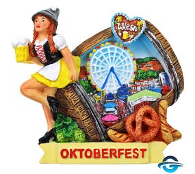 Creation Gross Bayerin auf Oktoberfest - Bierfass mit Wiesenblick - 3D Magnet - 7cm