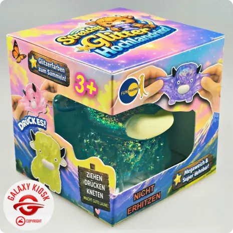 Fun Trading Stretchy Glitzer Kuh Squishy Blau – TikTok Anti-Stress Spielzeug im Highland Cow Look