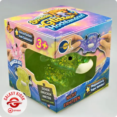 Fun Trading Stretchy Glitzer Kuh Squishy Grün – TikTok Anti-Stress Spielzeug im Highland Cow Look