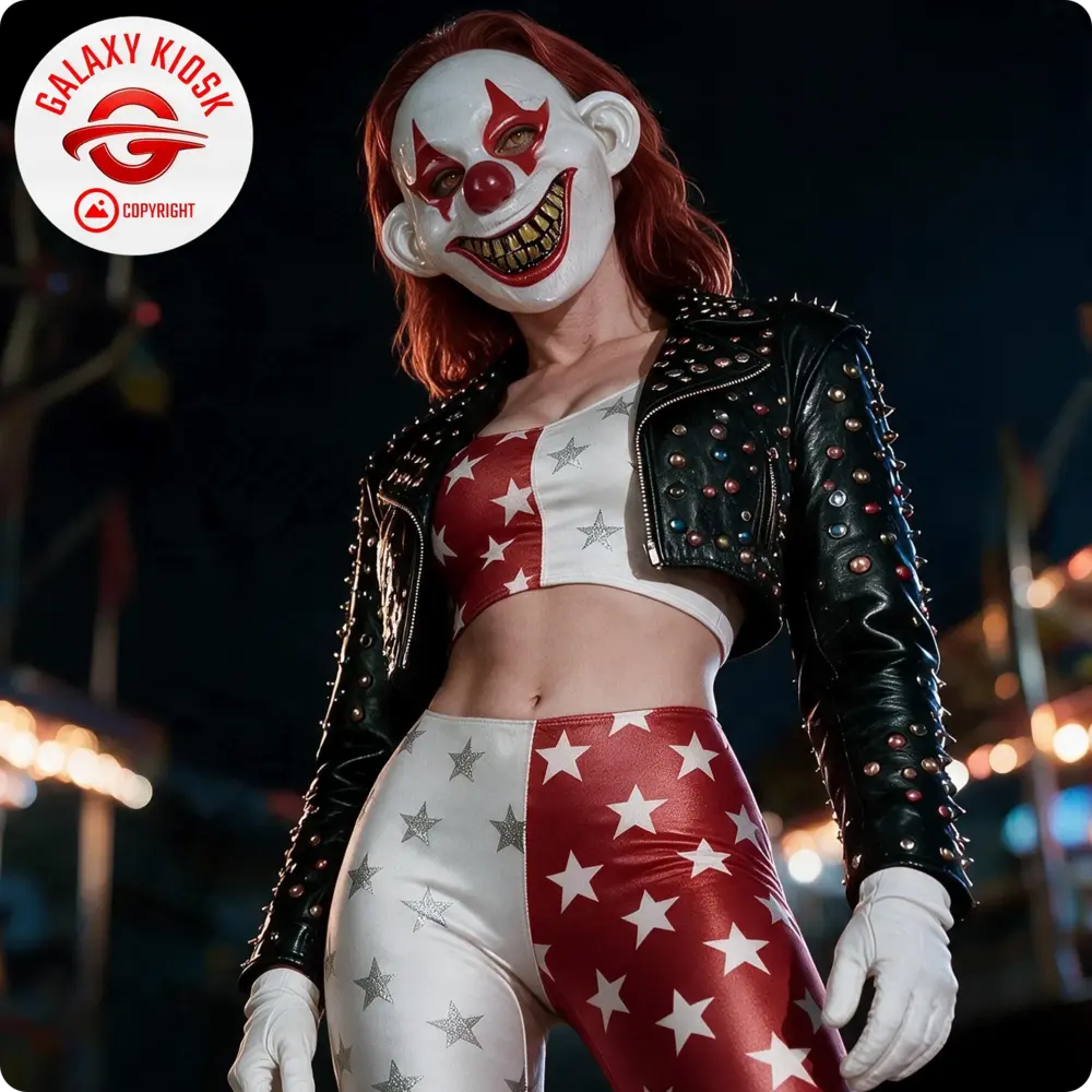 Fries Horror Clown Halbmaske rot-weiß – Halloween Party Maske - Unisex Fries Horror Clown Halbmaske rot-weiß – Halloween Party Maske - Unisex