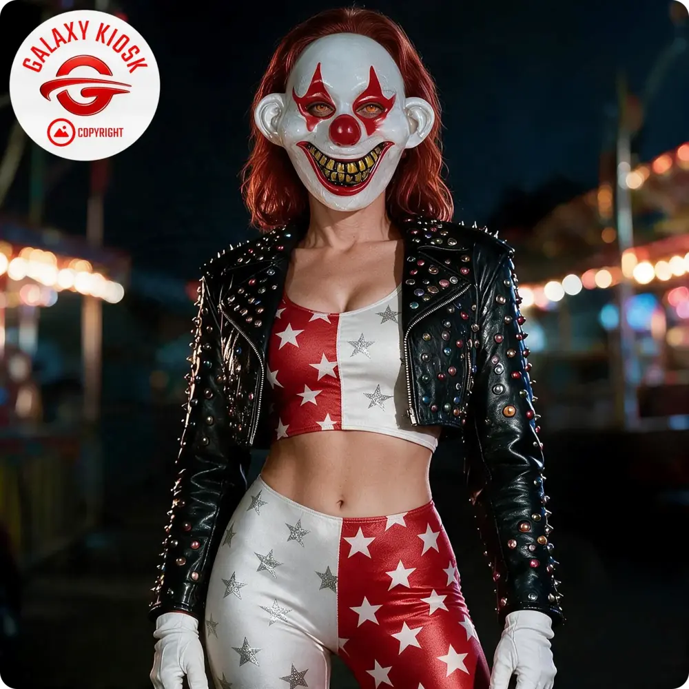 Fries Horror Clown Halbmaske rot-weiß – Halloween Party Maske - Unisex Fries Horror Clown Halbmaske rot-weiß – Halloween Party Maske - Unisex
