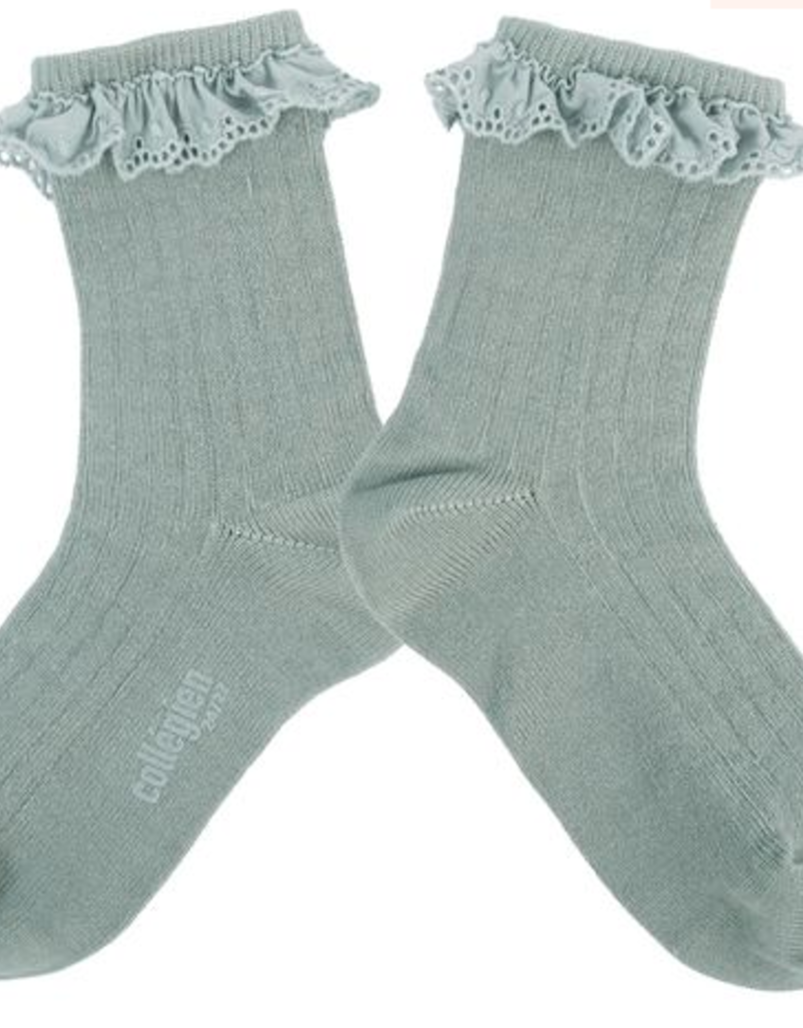 COLLÉGIEN COLLÉGIEN CHAUSSETTES À CÔTES EN FIL D'ÉCOSSE-BRODERIE ANGLAISE AIGUE MARINE