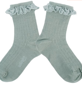 COLLÉGIEN COLLÉGIEN CHAUSSETTES À CÔTES EN FIL D'ÉCOSSE-BRODERIE ANGLAISE AIGUE MARINE