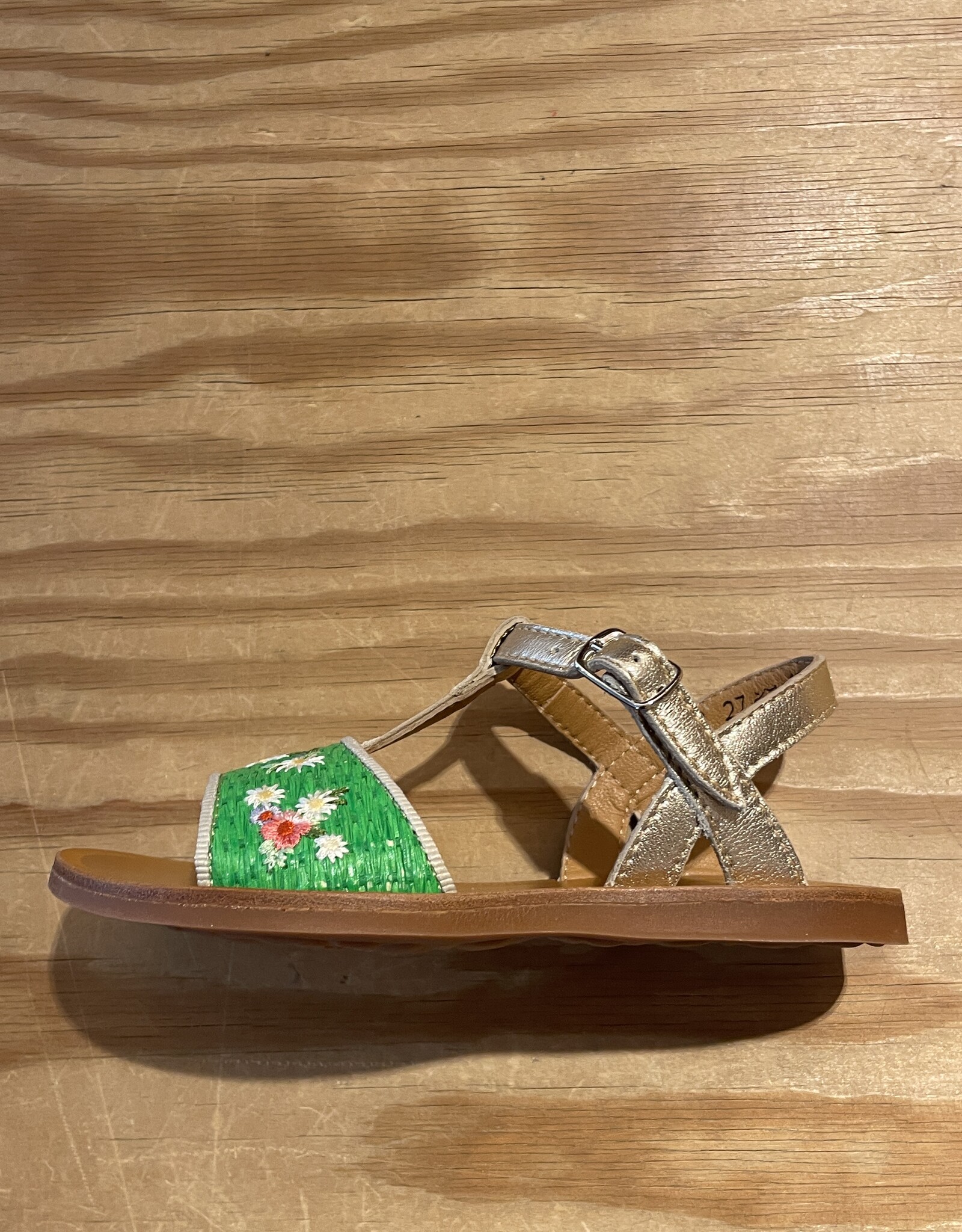 POM D'API POM D'API PLAGETTE LEDEREN SANDALEN MET RAPHIA BROD VERT PLATINE
