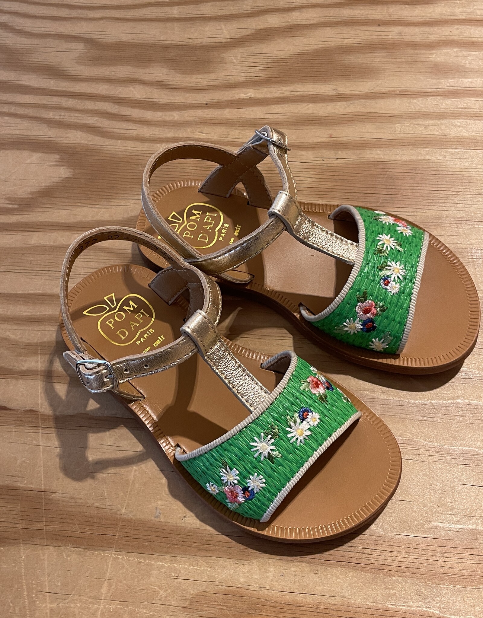 POM D'API POM D'API PLAGETTE LEDEREN SANDALEN MET RAPHIA BROD VERT PLATINE