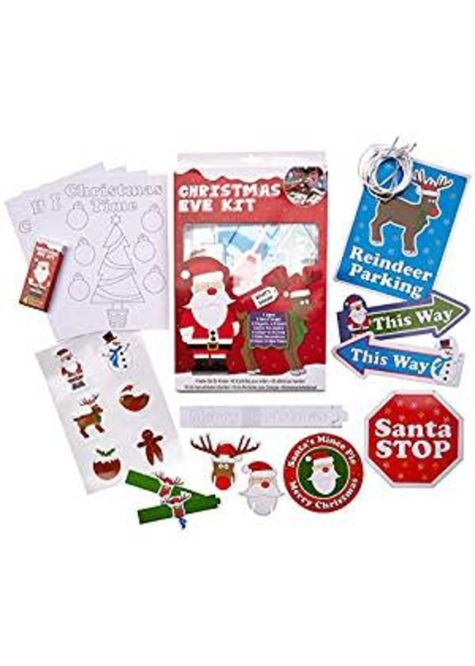 Christmas Eve Kit includes paper chains, carrot wraps, mince pie coaster, stickers,  signs, crayons and colour in pictures