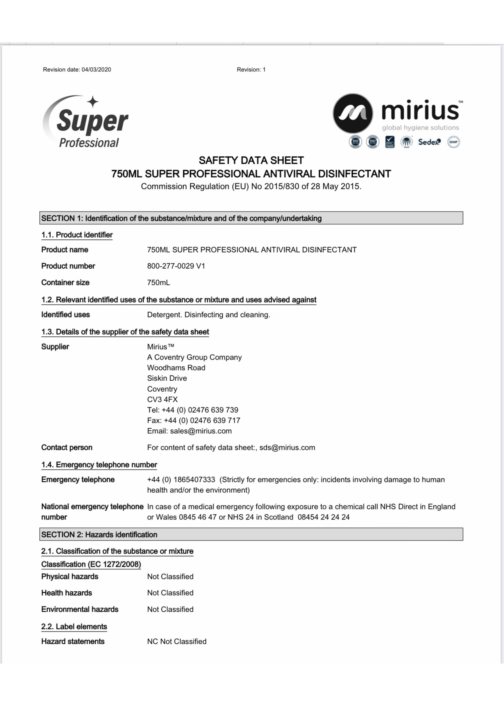Coventry Chemicals Antiviral Disinfectant Spray V1 750ml