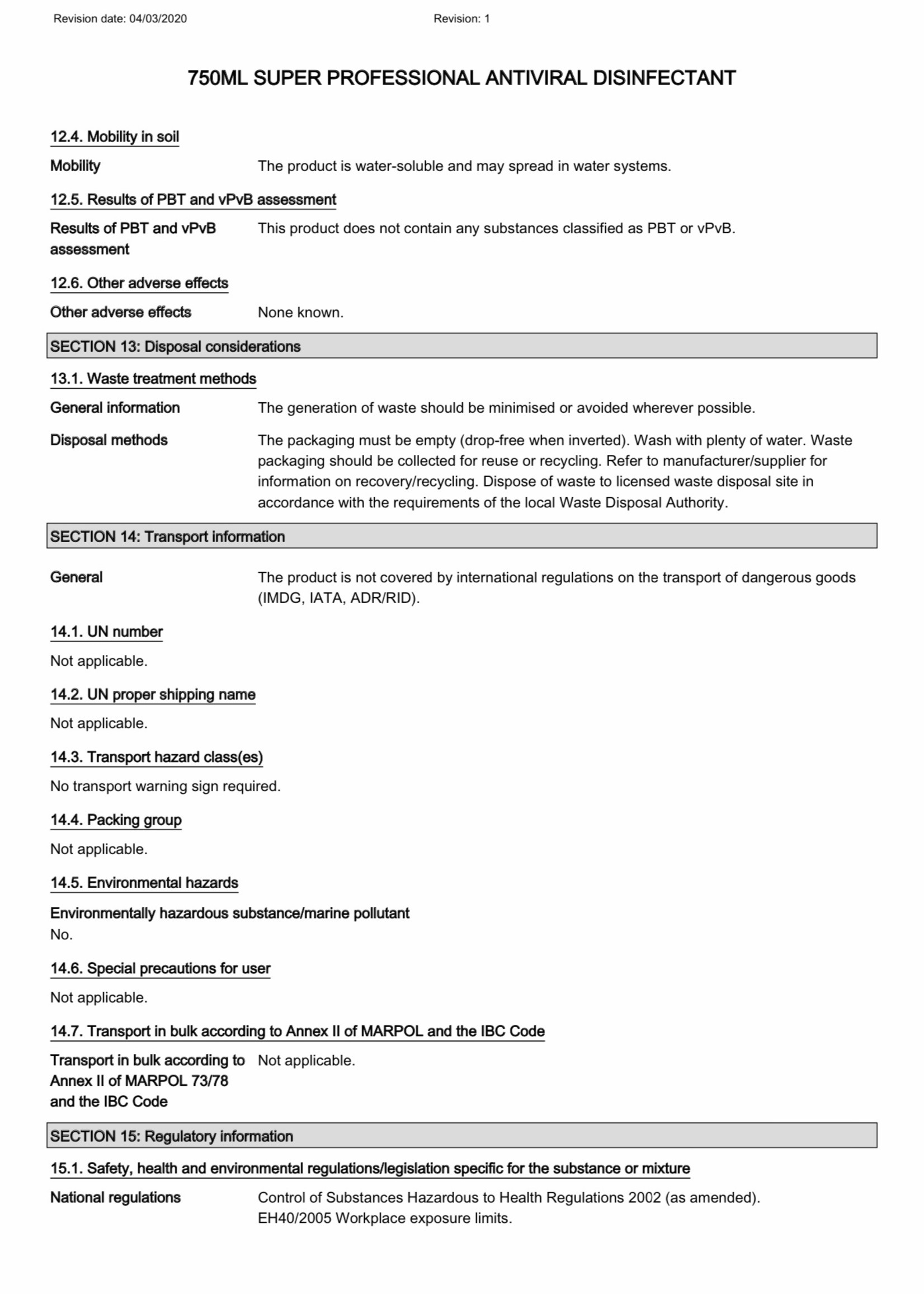 Coventry Chemicals Antiviral Disinfectant Spray V1 750ml