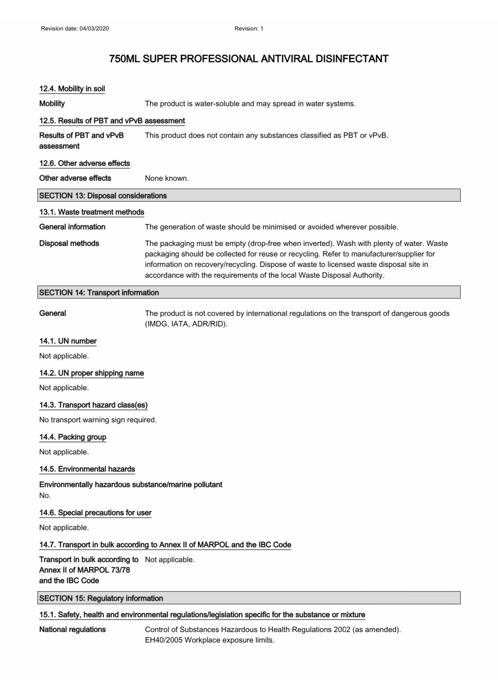 Coventry Chemicals Antiviral Disinfectant Spray V1 750ml