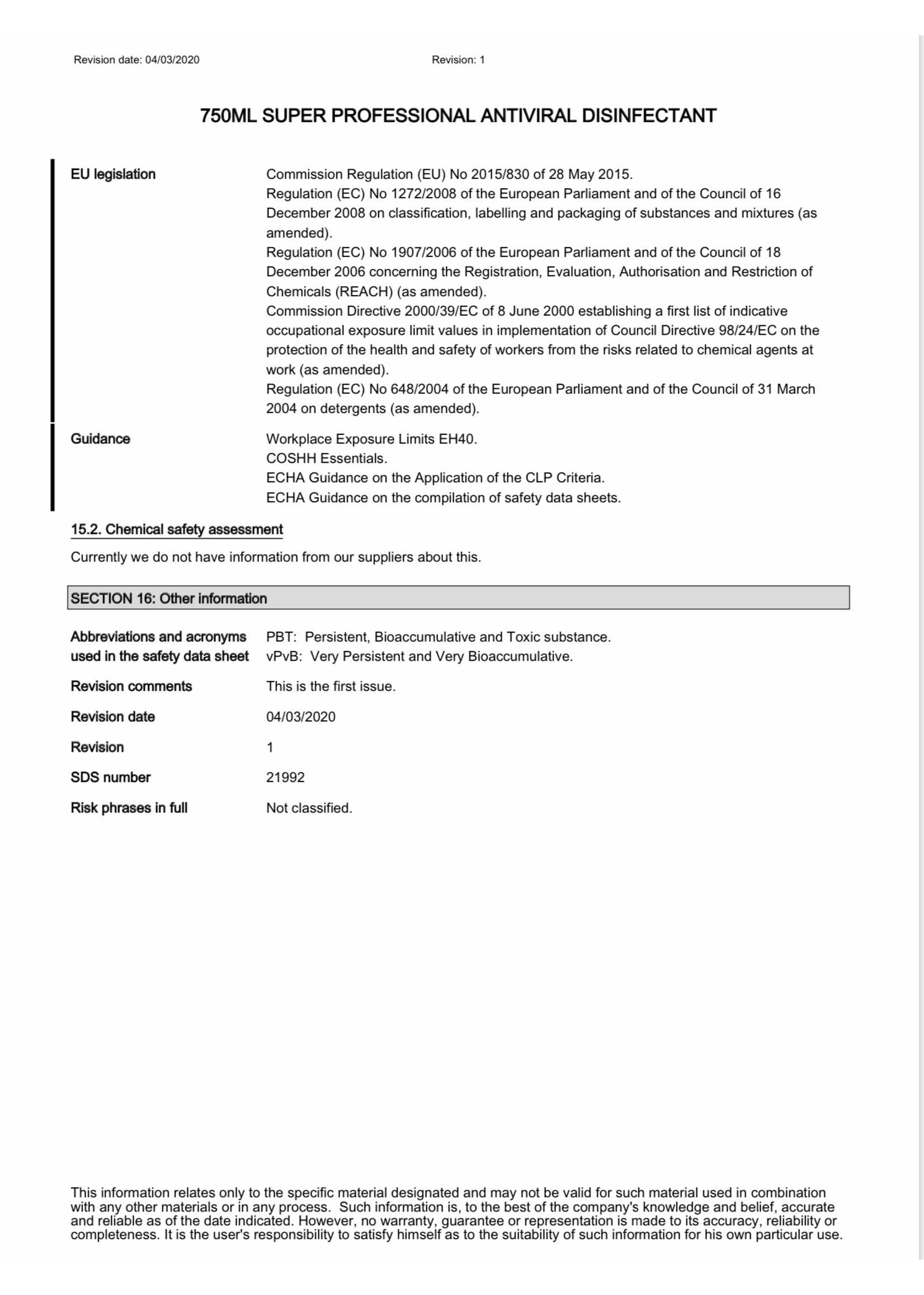 Coventry Chemicals Antiviral Disinfectant Spray V1 750ml