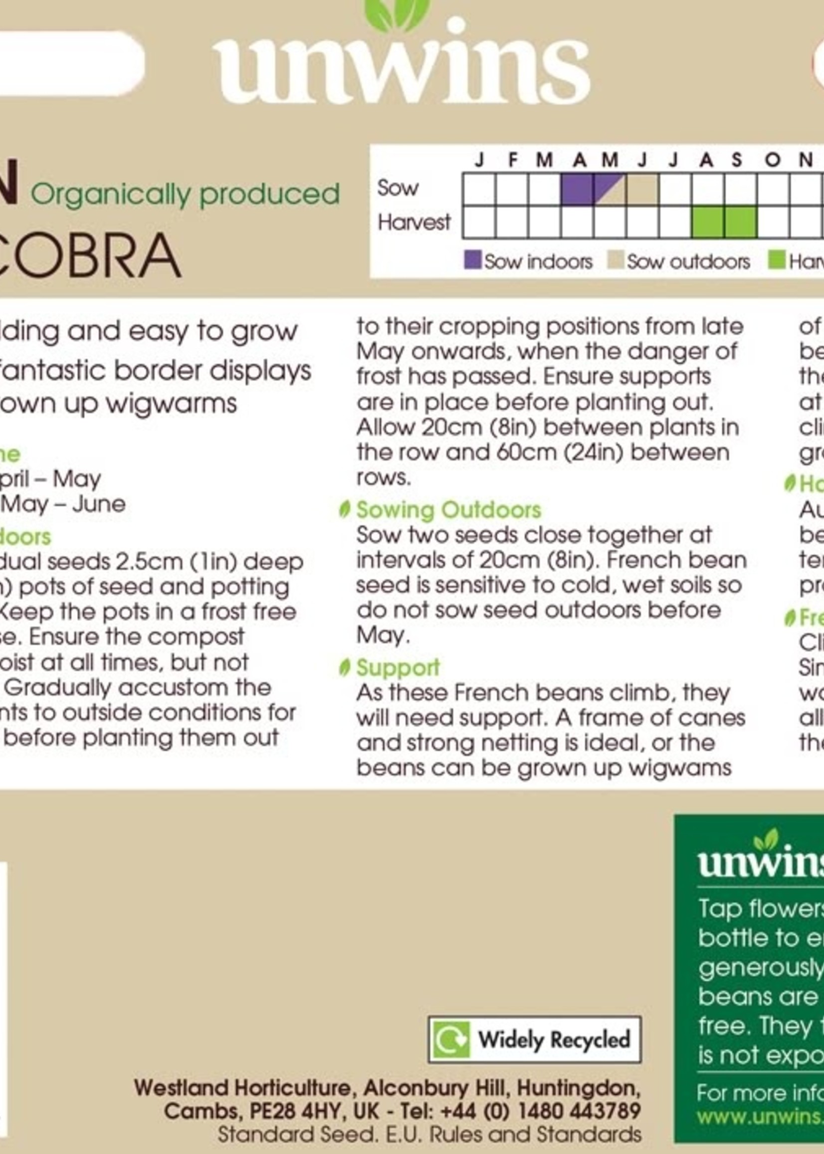 Unwins French Bean -  (Climbing) Cobra (Organic)