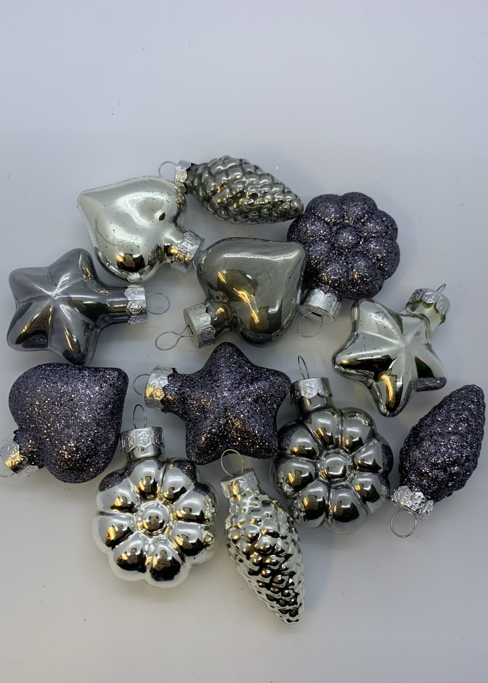 Kaemingk Small baubles in a variety of shapes, finishes -Greys/Silvers