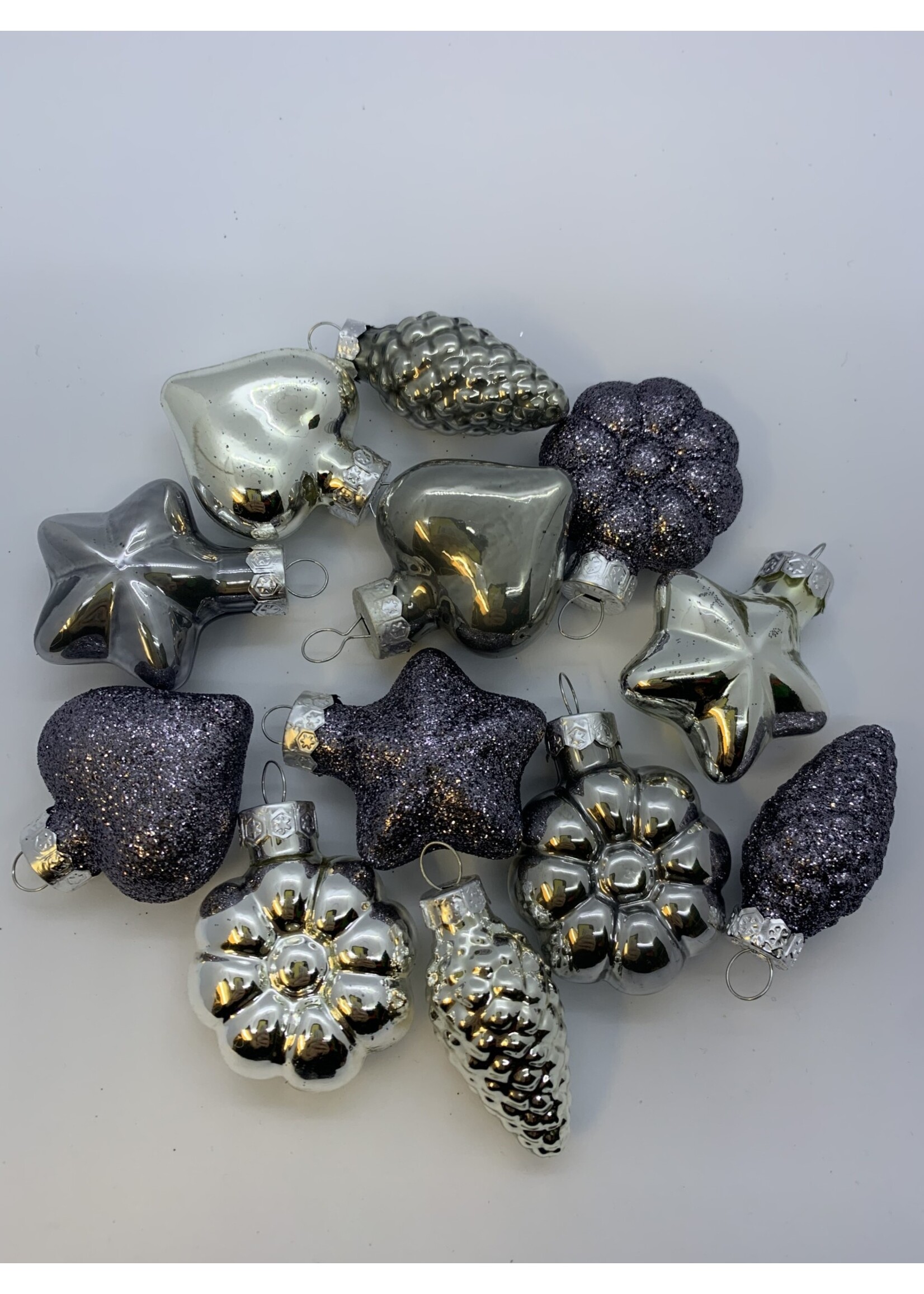 Kaemingk Small baubles in a variety of shapes, finishes -Greys/Silvers