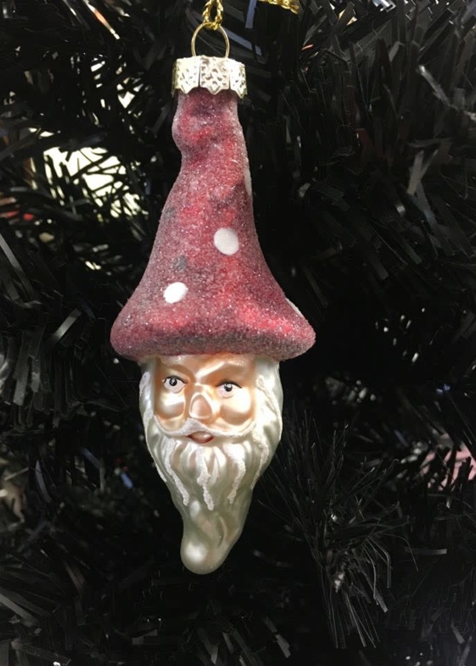 Decoris Santa with red toadstool long hat glass bauble