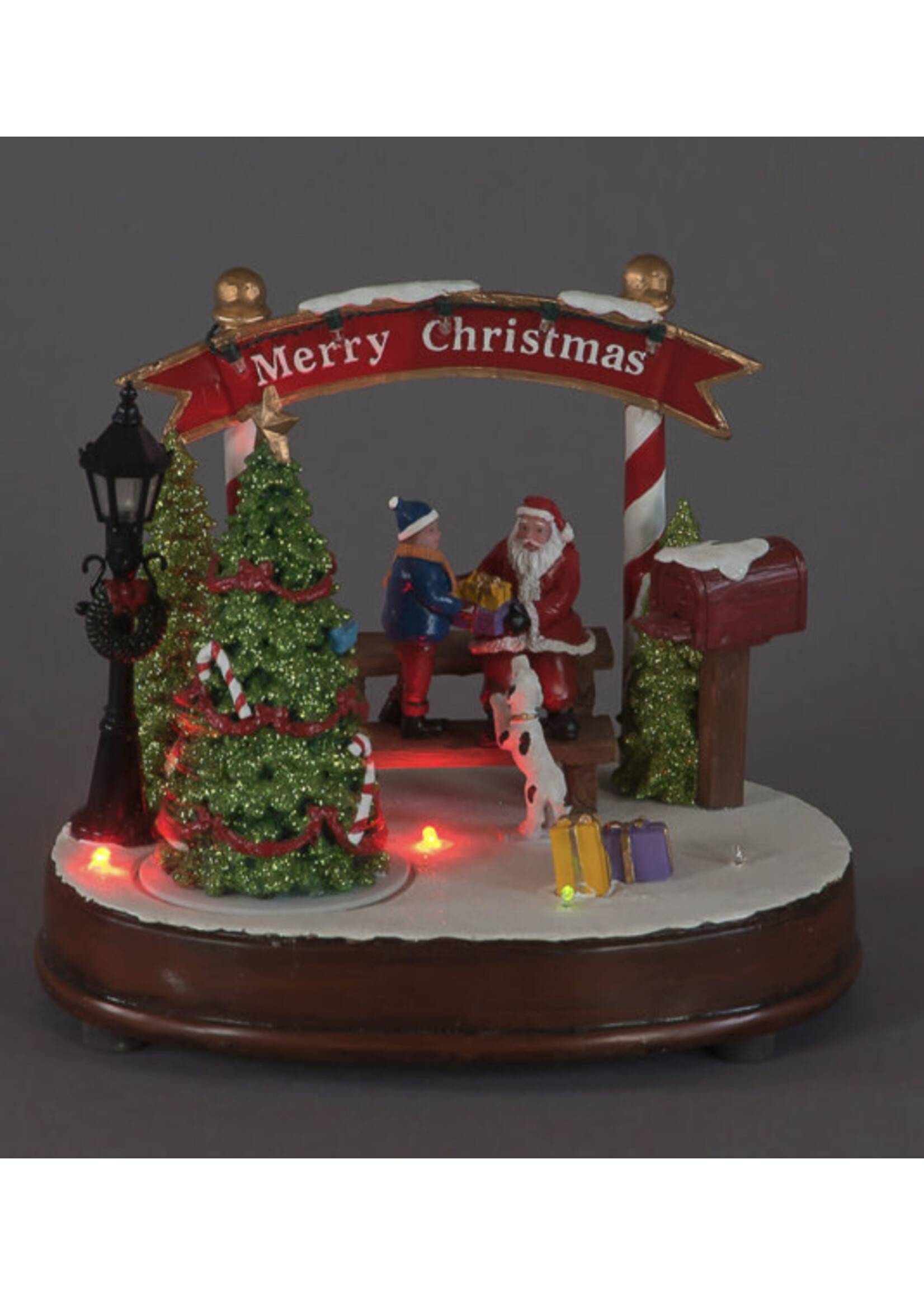 Snowtime Scene Santa and child on fence Battery Music Led 18cm