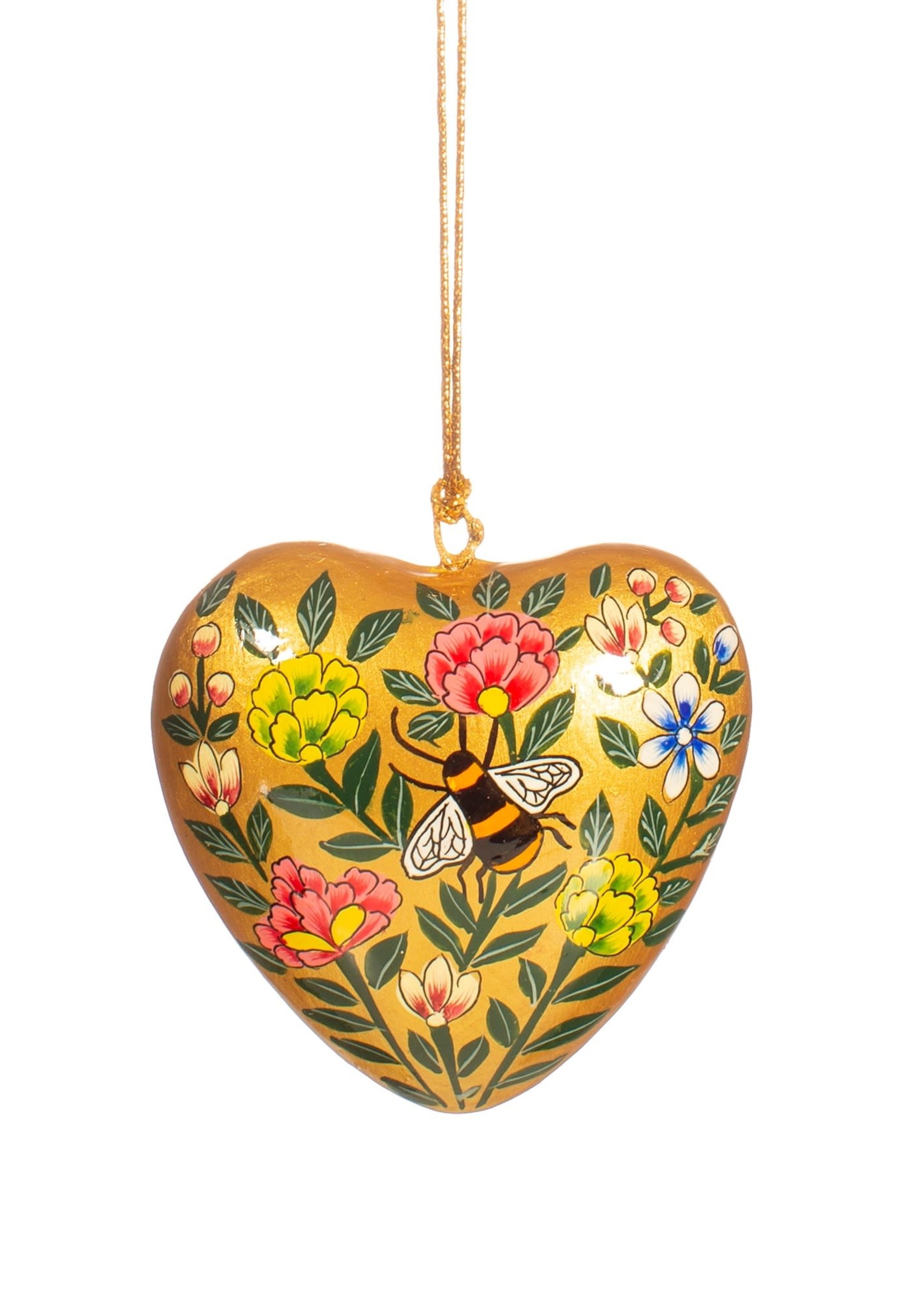 Sass & Belle Kashmiri Floral Heart with Bee Paper Mache Hanging Decoration