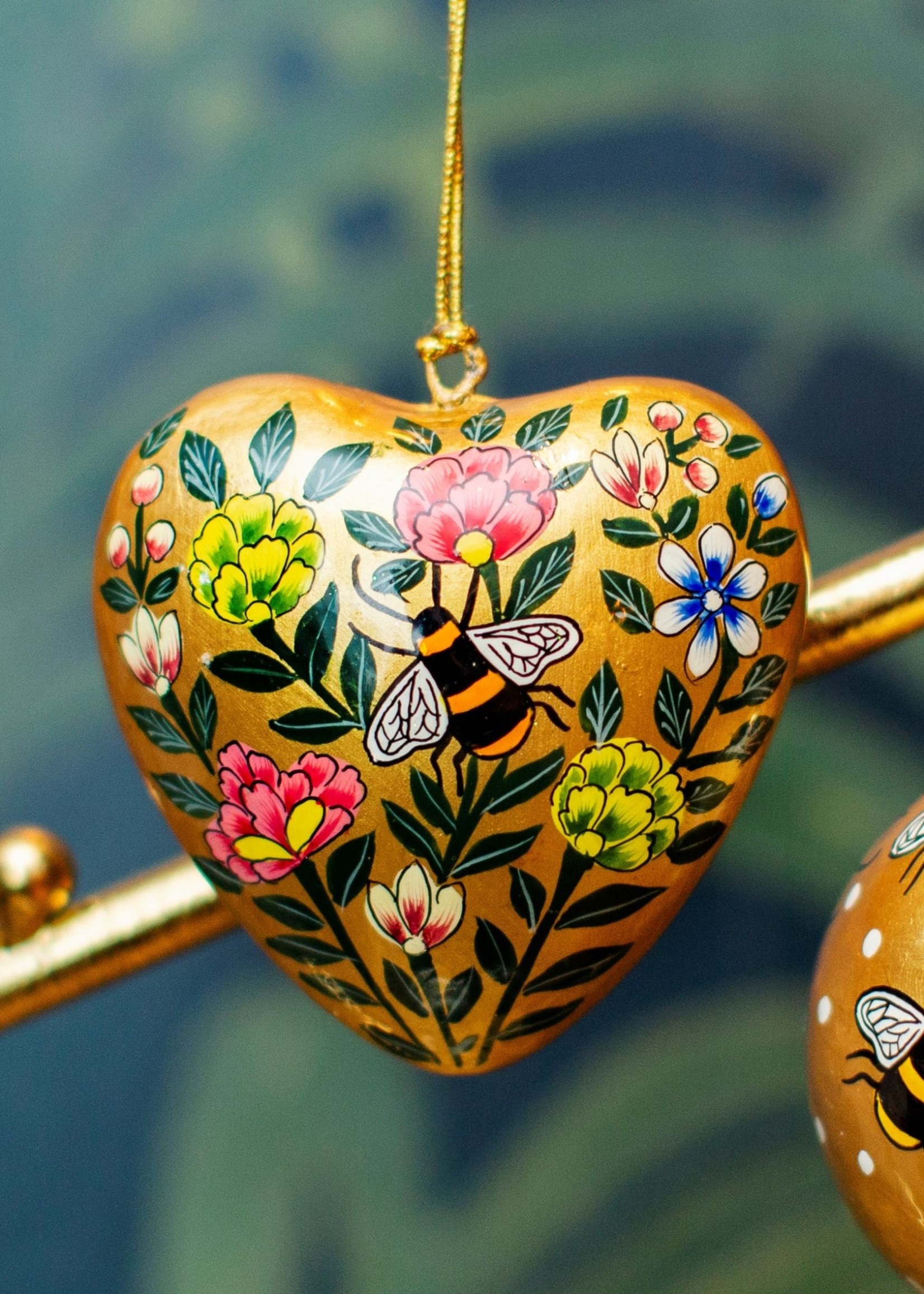 Sass & Belle Kashmiri Floral Heart with Bee Paper Mache Hanging Decoration