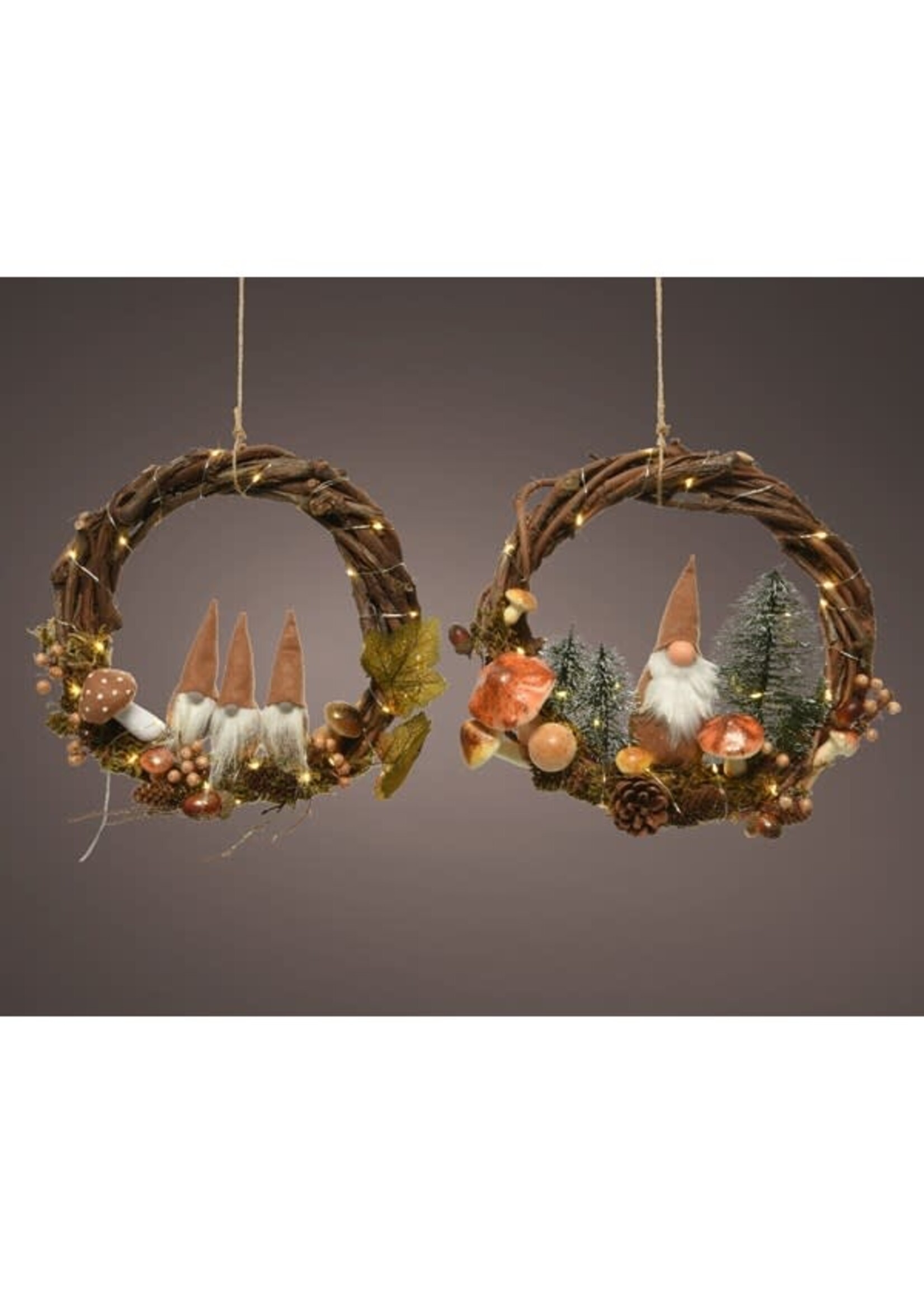 Lumineo Toadstool and Gnome Wicker Wreath With Warm White LED Pin Lights