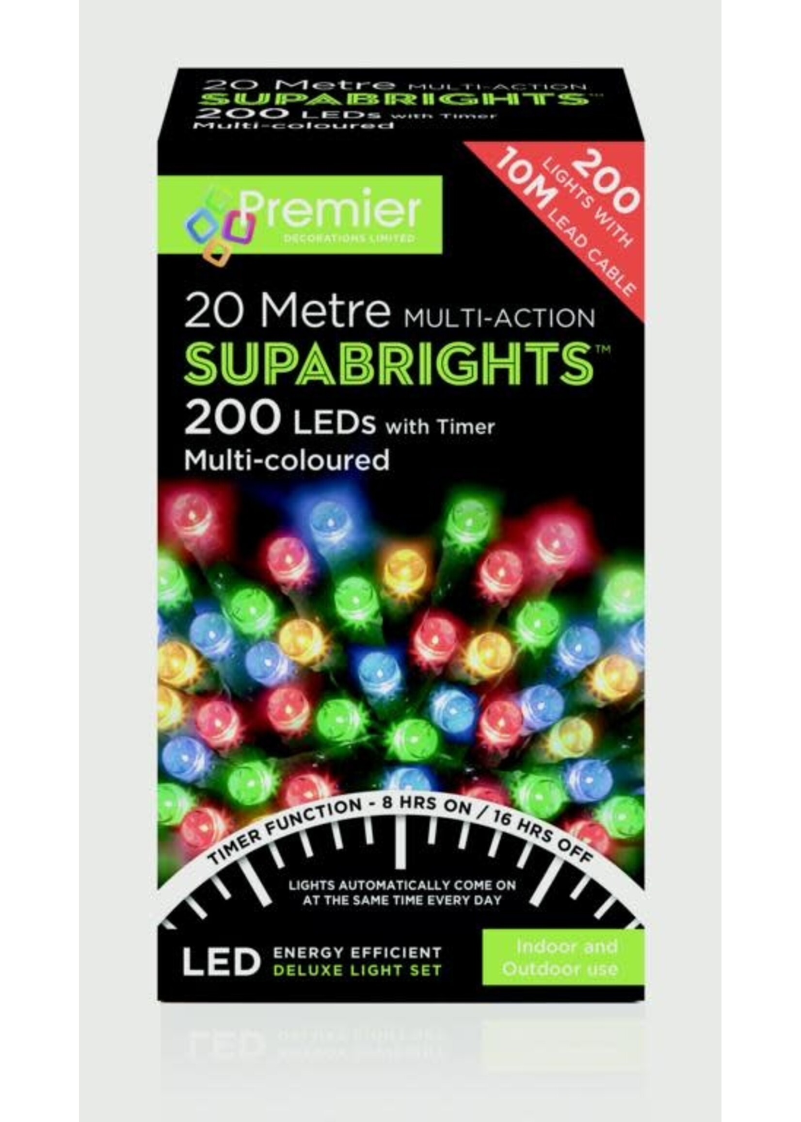 Premier Multi Colour 200 LED Lights Indoor/Outdoor 16 m multi action green cable